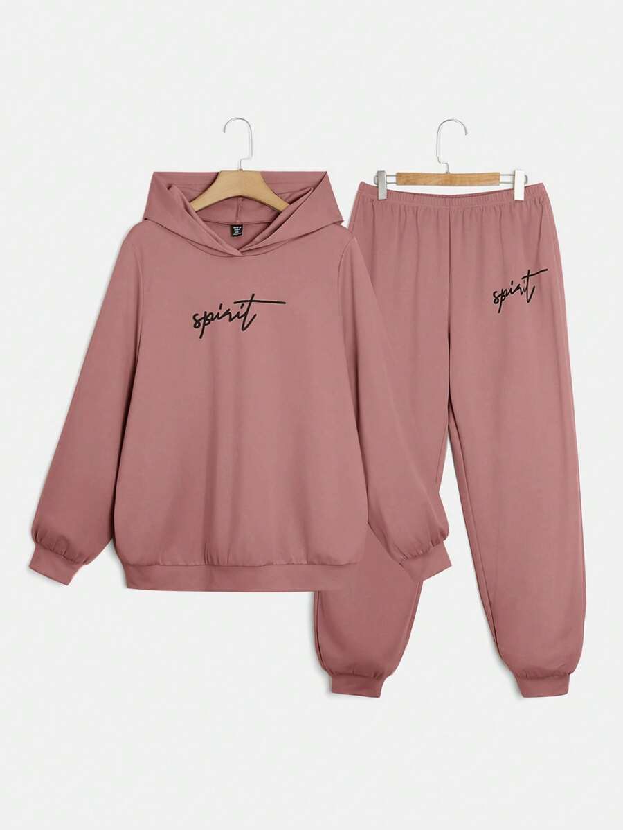 SHEIN EZwear 2件套大码女士休闲连帽卫衣和裤子套装，莲藕粉色 - 藕粉色 - 查看 1