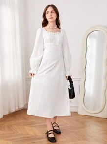SHEIN Thiếu niên cô gái Cổ Trái tim tay áo lá sen Nếp gấp Phần Ngực Đầm - trắng - Xem 4
