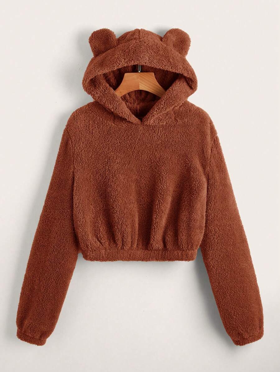 SHEIN EZwear Chất rắn Thiết kế tai 3D Teddy Hoodie - Rỉ Nâu - Xem 1