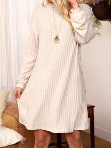 EMERY ROSE Cổ giả Thả vai Đồ đan Ribbed Đầm - Màu be - Xem 4