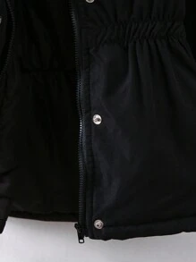 SHEIN 年轻女孩字母图案毛绒装饰连帽保暖衬里棉服 - 黑色 - 查看 6