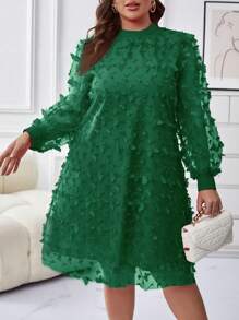 Celure 大碼小高領燈籠袖3D蝴蝶貼花洋裝 - 墨綠色 - 查看 1