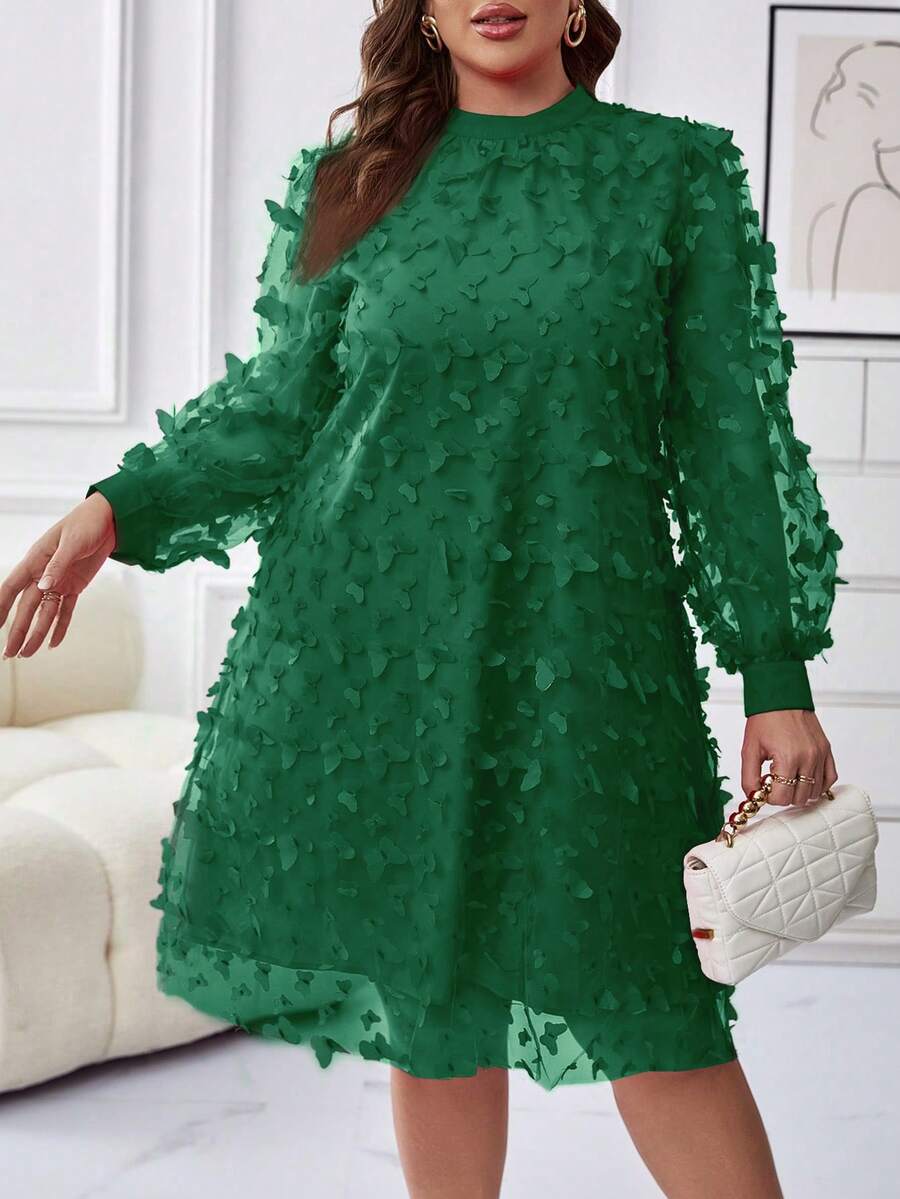 Celure 大碼小高領燈籠袖3D蝴蝶貼花洋裝 - 墨綠色 - 查看 1
