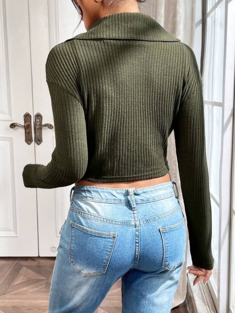 Women's Ribbed Knit Slim Fit T-shirt With Turn-down Collar
