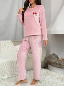 Women's Cherry & Letter Embroidery Pajama Set - Pink - View 5