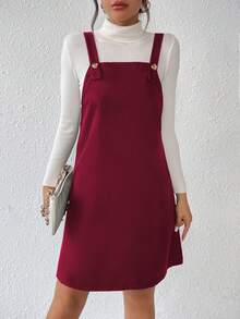 SHEIN Essnce 素色背帶洋裝無毛衣 - 酒紅色 - 查看 5