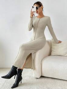 SHEIN Essnce 女性紋理質感織物洋裝 - 棕色 - 查看 4