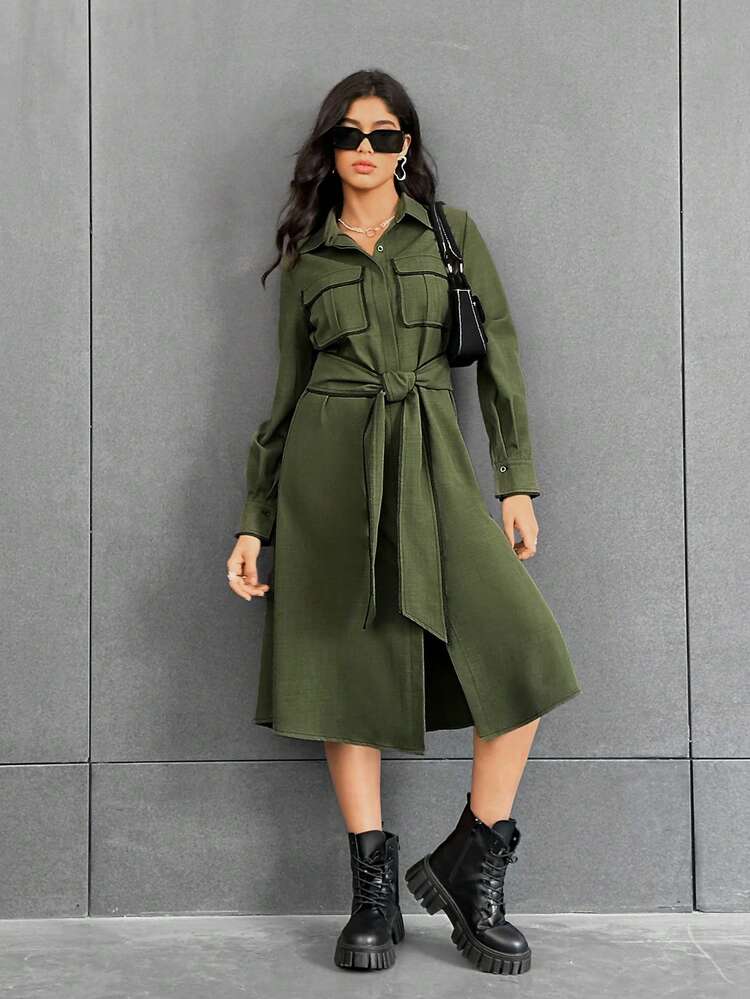 Flap Pocket Contrast Binding Belted Shirt Dress