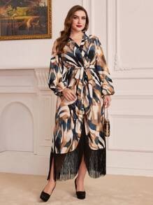 Mulvari Plus Size Printed V-neck Knotted Front Lantern Sleeve Dress With Tassel Hemline - Multicolor - View 6