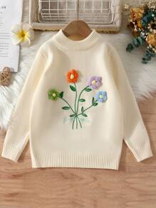 SHEIN Cô Gái Trẻ Đồ trang trí hoa & Thêu Chữ Cổ giả Áo len - Màu be - Xem 1