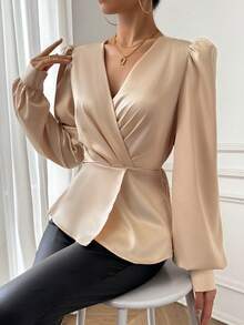 SHEIN Privé Women's Ruffle Peplum Hem Bubble Sleeve Work Women Blouse - Champagne - View 5
