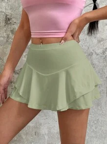 SHEIN EZwear 分層荷葉邊迷你短褲 - 薄荷綠 - 查看 3