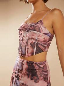 L'Amorae Marble Print Top & Flare Skirt Two Piece Set