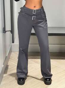 SHEIN ICON Solid Belted Flare Leg Pants
