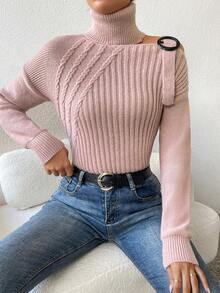 SHEIN Essnce Áo len nữ Cắt ra Gân đan màu trơn Giải trí - Bụi hồng - Xem 6