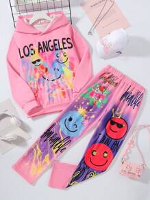 SHEIN Cô gái Tween vui tươi & Mát mẻ Viết tháu Hoodie Và Người chạy bộ Bộ - Hồng - Xem 1