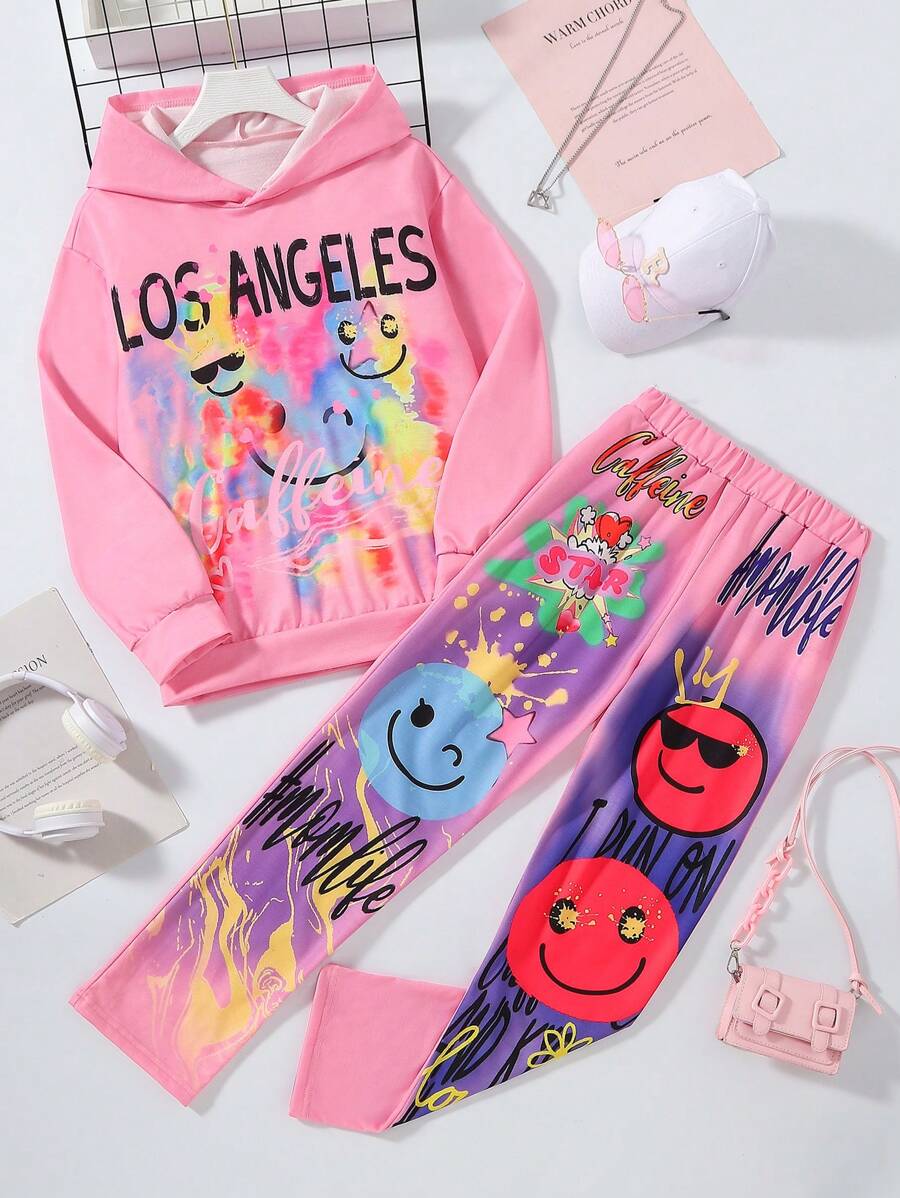 SHEIN Cô gái Tween vui tươi & Mát mẻ Viết tháu Hoodie Và Người chạy bộ Bộ - Hồng - Xem 1