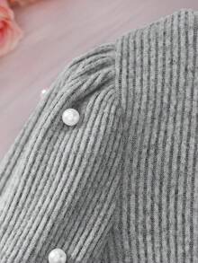 SHEIN Tween Girl Solid Color Round Neck Long Sleeve Beaded Bubble Sleeve Dress - Light Grey - View 5