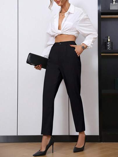 EMERY ROSE 女士纯色褶裥直筒休闲/办公裤