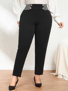 SHEIN Privé Plus Size Elegant Houndstooth Patchwork Long Pants - Black - View 3