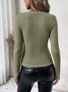 SHEIN Clasi Scallop Trim Ribbed Knit Tee - Army Green - View 2