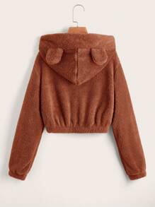 SHEIN EZwear Chất rắn Thiết kế tai 3D Teddy Hoodie - Rỉ Nâu - Xem 2