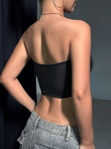 SHEIN Unity 水鑽前鏤空短款抹胸上衣 - 黑色 - 查看 2