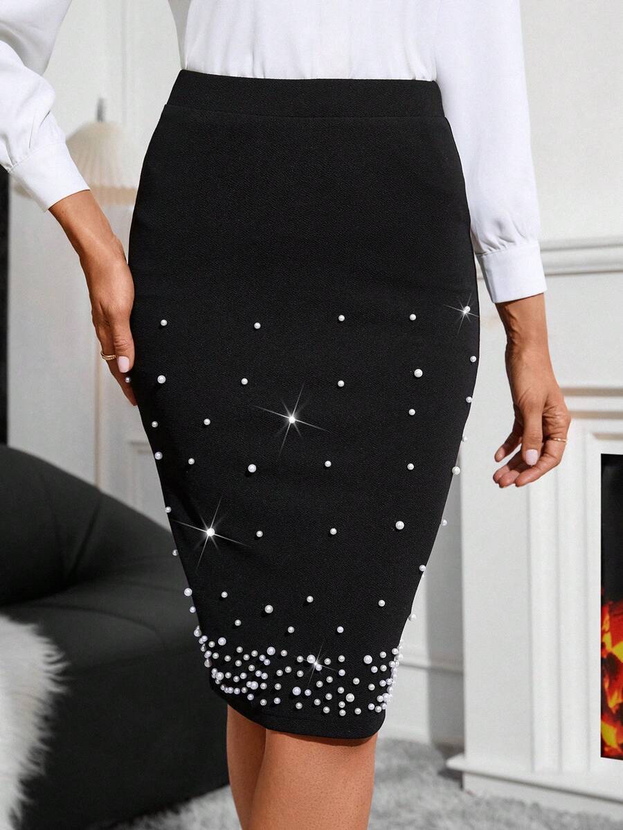 Gownix 珍珠串珠鉛筆裙 - 黑色 - 查看 1