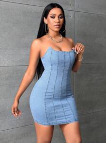 SHEIN SXY Solid Tube Bodycon Denim Dress - Light Wash - View 3