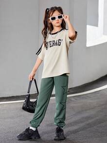 SHEIN 女大童星星印花彈性腰帶衛褲 - 軍綠色 - 查看 3