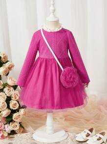 SHEIN 女小童拼接褶邊領網紗覆蓋洋裝附包 - 玫紅色 - 查看 1