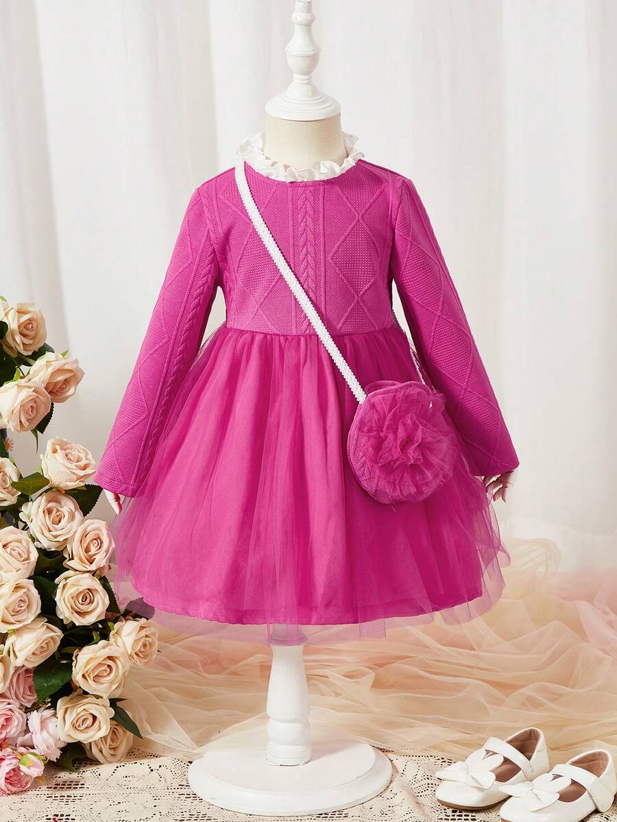 SHEIN 女小童拼接褶邊領網紗覆蓋洋裝附包 - 玫紅色 - 查看 1