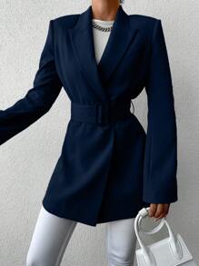 SHEIN Cottnline Women's Solid Color Lapel Collar Belted Suit Jacket - Navy Blue - View 5
