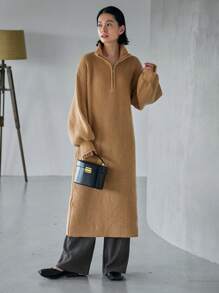 FRIFUL Half Zip Drop Shoulder Sweater Dress - Khaki - View 1