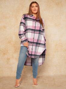 SHEIN SXY Plus Plaid Print Drop Shoulder High Low Hem Overcoat - Multicolor - View 3