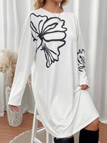 SHEIN LUNE 大碼蝴蝶圖案落肩T恤連衣裙 - 米色 - 查看 5