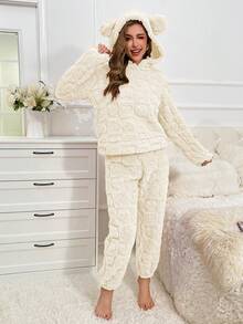 Thiết kế tai 3D áo có mũ Flannel Bộ PJ - trắng - Xem 4