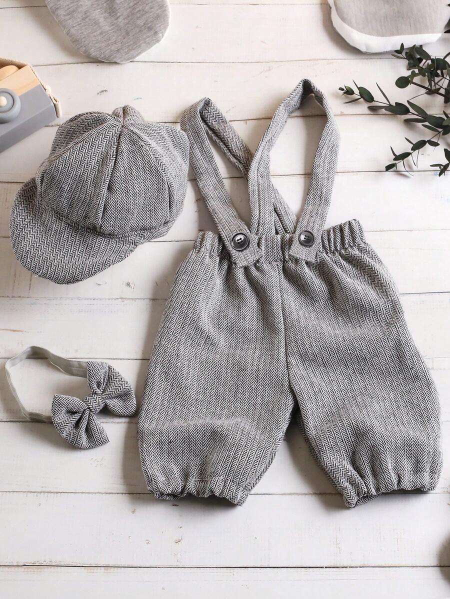 Newborn Baby Boy Photography Knit Overalls & Hat & Necklace Prop