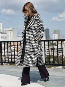 RueChic Houndstooth Print Belted Overcoat - Black and White - View 2
