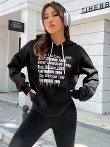 SHEIN Unity Women's Casual Slogan Print Thermal Lined Hoodie, Autumn & Winter - Black - View 3