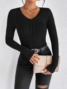 SHEIN Frenchy 秋冬季女士休闲黑色 V 领 T 恤 - 黑色 - 查看 3