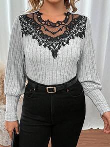 SHEIN LUNE Hơn Ren tương phản Áo thun - Xám - Xem 6