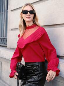 SHEIN Privé Blusa de malla en contraste ribete con fruncido de manga amplia
