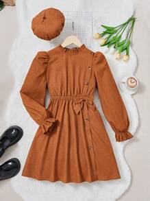 女大童荷葉袖前蝴蝶結燈芯絨洋裝&帽 - 棕色 - 查看 1