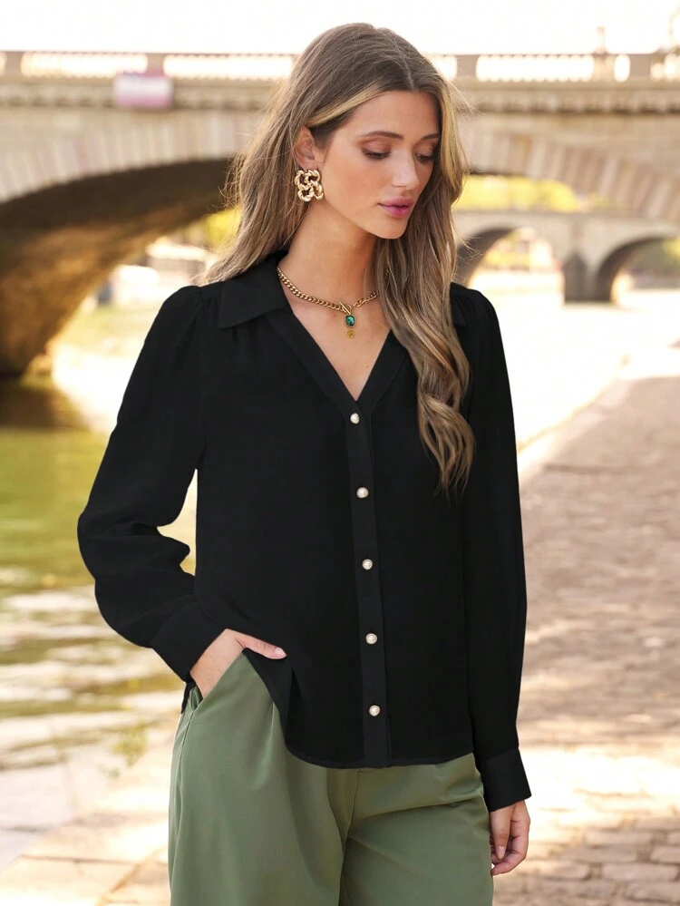 Solid Button Front Pearls Beaded Shirt Winter Black Casual