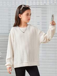 SHEIN 女大童素色落肩袖下擺開叉套頭衫 - 杏色 - 查看 4