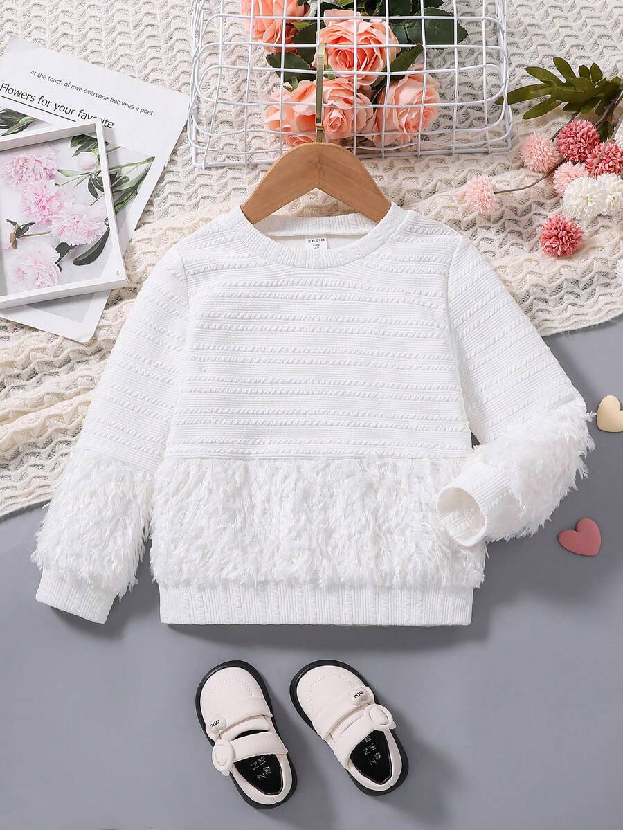 SHEIN Girls' Jacquard Plaid & Fleece Patchwork Pullover Sweatshirt - White - View 1