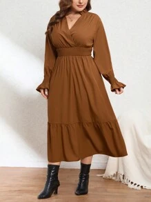 SHEIN Privé Talla grande Vestido de manga con volante bajo con fruncido - Marrón - Ver 4
