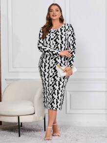 SHEIN Clasi Plus Size Women's Printed Sweater Dress - Black and White - View 3