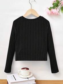 SHEIN Cô gái Tween Dệt kim Màu thuần Vòng cổ Tay áo dài Ngắn Giải trí Áo thun Với Xoắn - màu đen - Xem 2